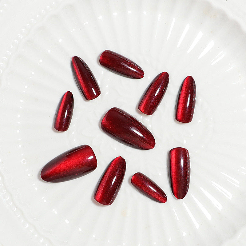 Glamorous Ruby Elegance Long Almond Shaped Vivid Red Shimmer Press On Nail Set