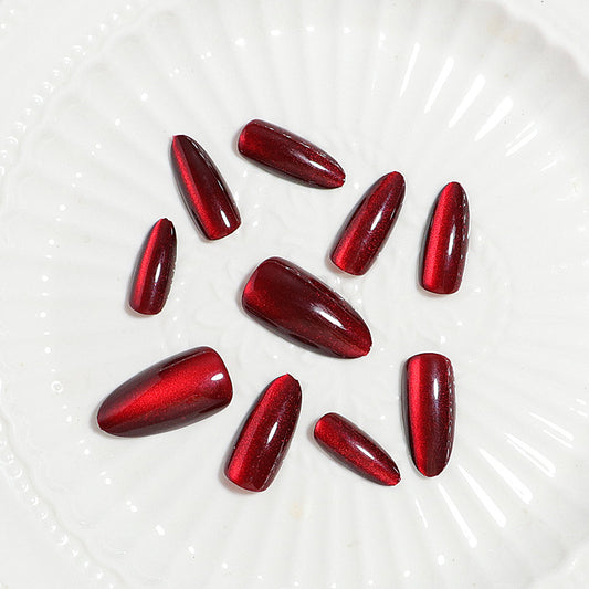 Glamorous Ruby Elegance Long Almond Shaped Vivid Red Shimmer Press On Nail Set