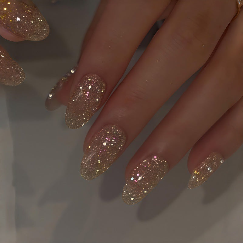 Glamorous Sparkling Medium Oval Shaped Beige Press On Nail Set with Iridescent Glitter Shine
