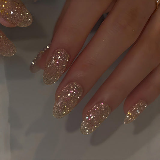 Glamorous Sparkling Medium Oval Shaped Beige Press On Nail Set with Iridescent Glitter Shine