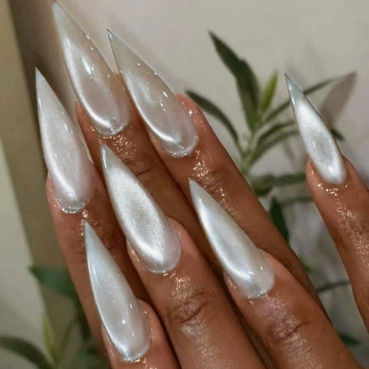 Ethereal Silver Long Stiletto Nails with Iridescent Finish