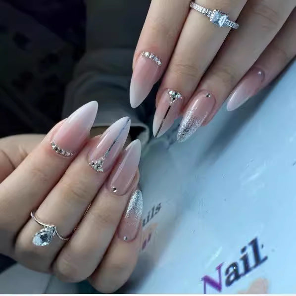 Glamorous Stardust Long Almond Pink Ombr‚àö¬© Press On Nail Set with Rhinestone Accents
