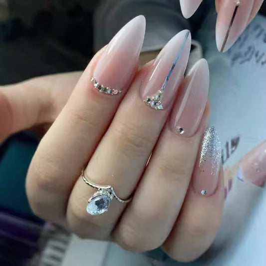Glamorous Elegance Long Almond Press On Nail Set in Ombr‚àö¬© Pink with Sparkling Gem Accents