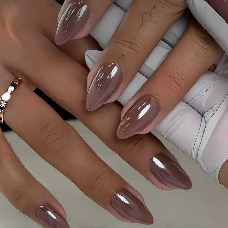 Glamorous Elegance Long Almond Shaped Smoky Beige Press On Nail Set with High Shine Finish