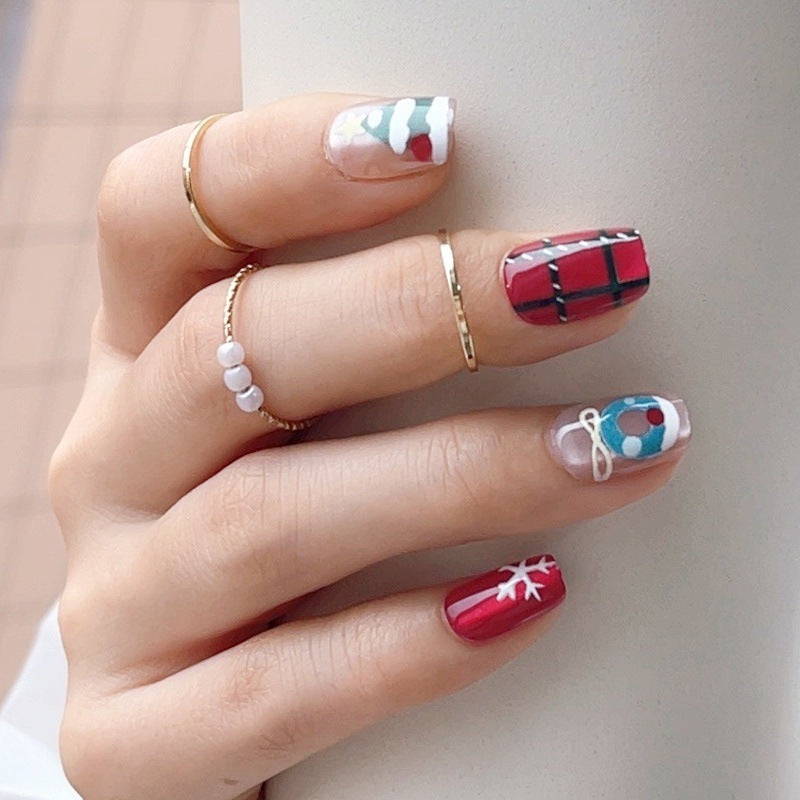 Festive Cheer Short Square Red with Holiday Themed Art Press On Nail Set