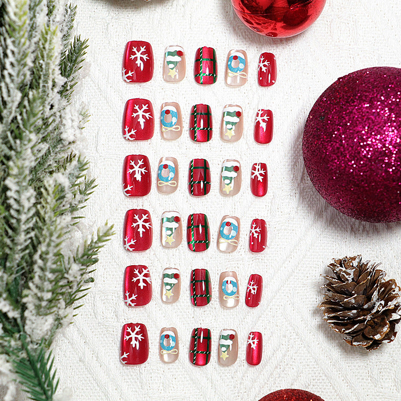 Festive Holiday Spirit Short Square Red with Snowflake and Ornament Designs Press On Nail Set
