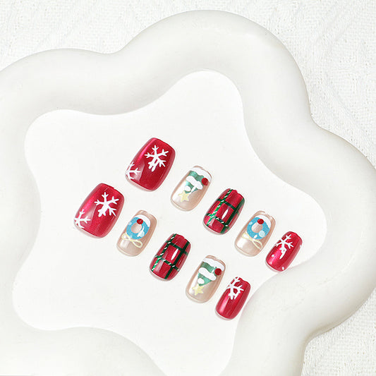Festive Winter Wonderland Short Square Red and Neutral Press On Nail Set with Cheerful Holiday Designs