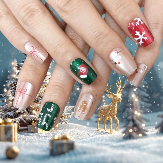 Festive Winter Wonderland Medium Square Emerald Green and Cherry Red Nails with Whimsical Holiday Designs