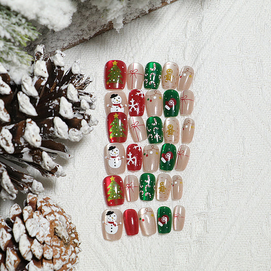 Festive Winter Wonderland Short Square Red and Green Glittery Holiday Nail Set with Cute Snowman and Christmas Tree Designs