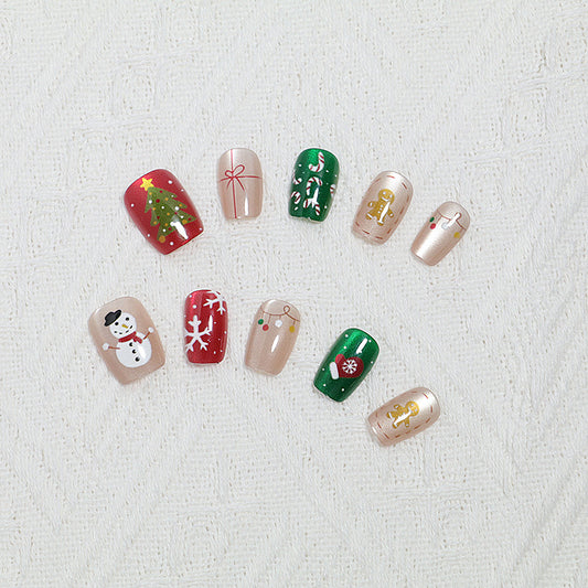 Festive Cheer Short Square Red Green Beige and Gold Holiday Themed Press-On Nail Set