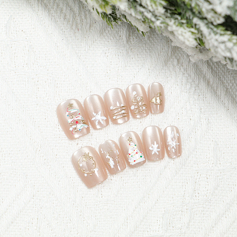 Charming Holiday Bliss Short Square Beige Nail Set with Glittering Festive Designs