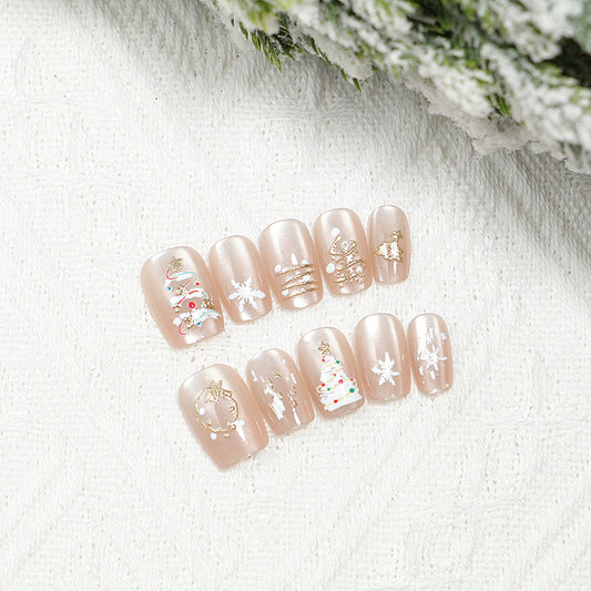 Charming Holiday Bliss Short Square Beige Nail Set with Glittering Festive Designs