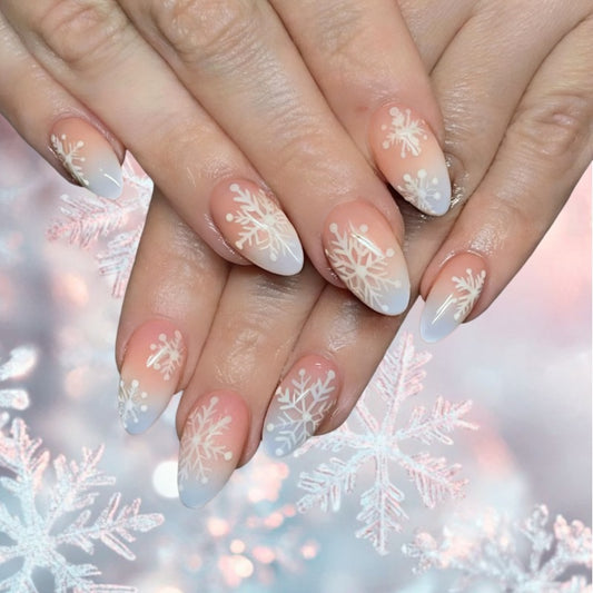 Winter Wonderland Medium Almond Gradient Blue and Pink with Snowflake Art Press On Nail Set