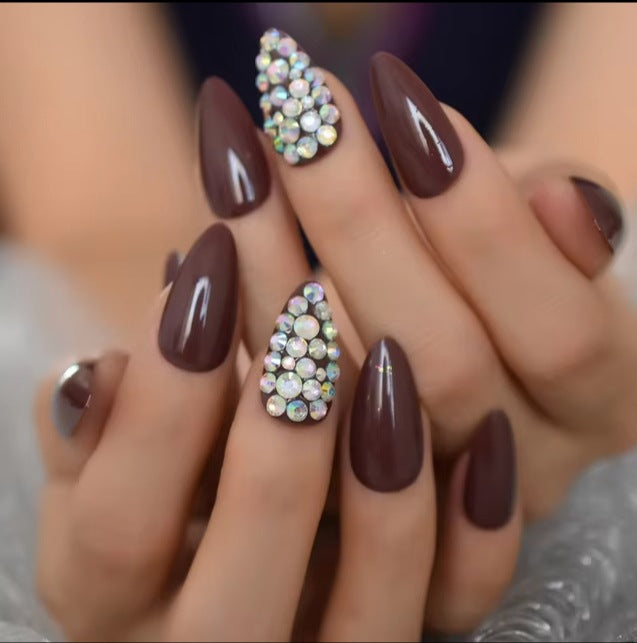 Glamorous Elegance Medium Almond Dark Brown Nails with Sparkling Rhinestone Accent