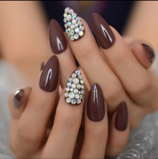 Glamorous Elegance Medium Almond Dark Brown Nails with Sparkling Rhinestone Accent