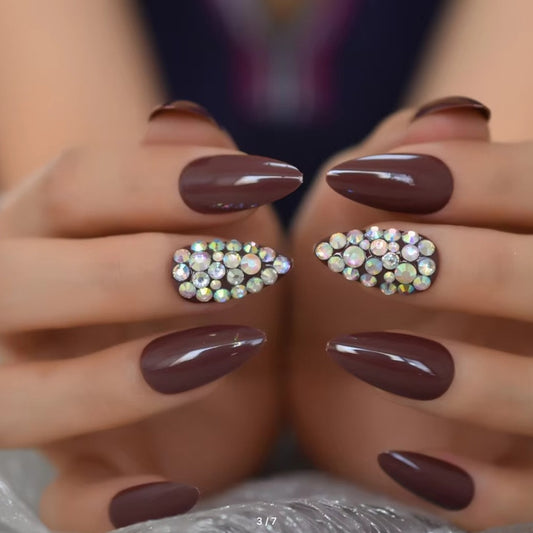 Glamorous Elegance Long Almond Brown Press On Nails with Dazzling Rhinestone Accents