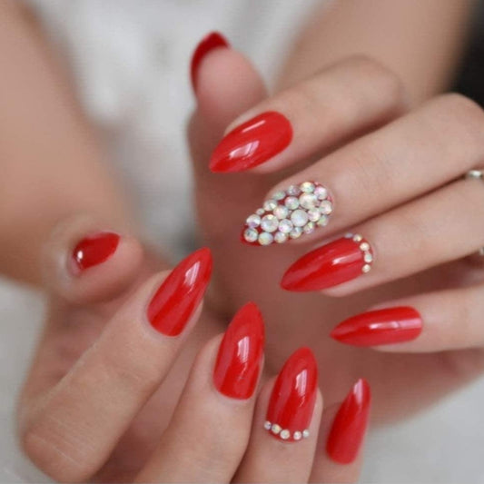 Glamorous Elegance Red Medium Almond Press On Nail Set with Dazzling Rhinestone Accents
