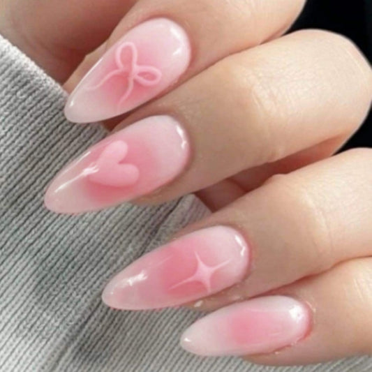 Romantic Dream Pink Long Almond Shaped Press on Nail Set with Heart and Bow Designs
