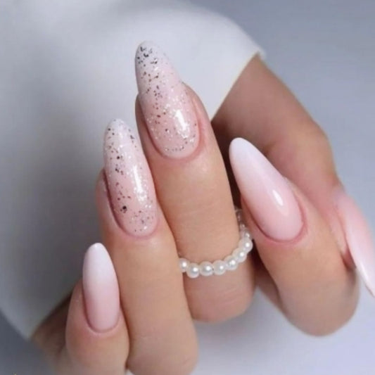 Elegant Dream Pearlescent Medium Oval Press On Nail Set in Soft Pink with Sparkling Glitter Finish