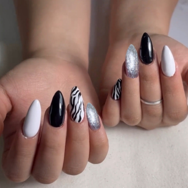 Zebra Chic Medium Almond Press On Nail Set in Black White Silver with Unique Animal Print Design