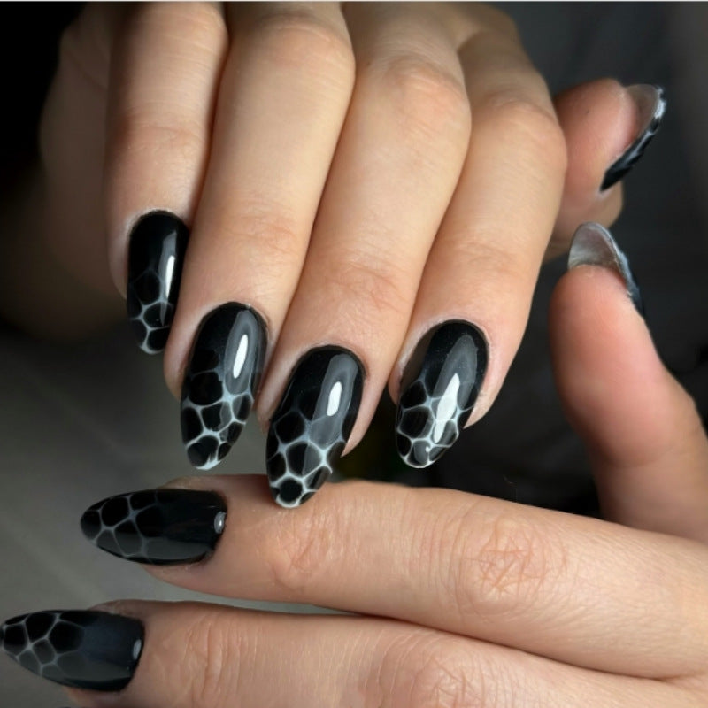 Gothic Elegance Short Almond Black Nail Set with Unique Honeycomb Design