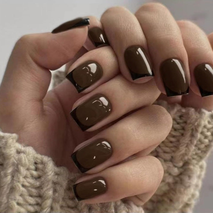 Autumn Elegance Short Square Dark Brown Press On Nail Set with Glossy Finish and Chic Black Tips