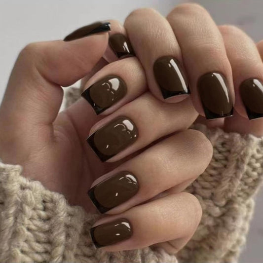 Autumn Elegance Short Square Dark Brown Press On Nail Set with Glossy Finish and Chic Black Tips