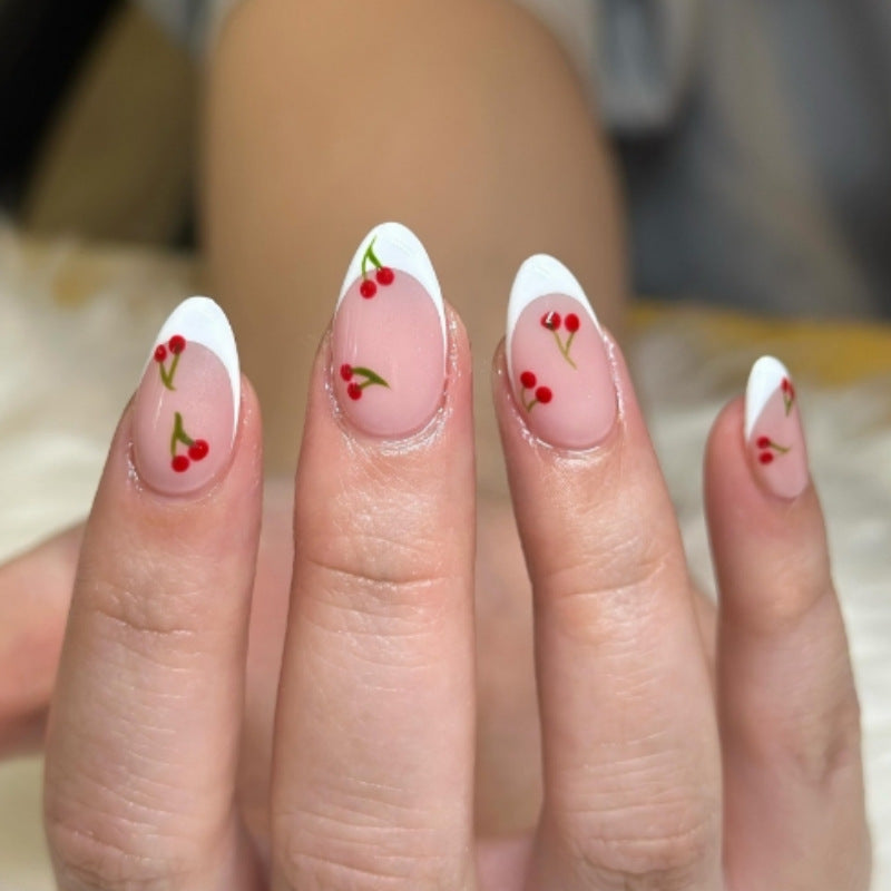 Charming Cherry Blossom Short Almond Shaped Pink White Press On Nail Set with Vibrant Cherry Design