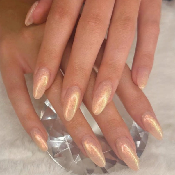 Glimmering Sunset Medium Almond Shaped Peachy Champagne Press On Nail Set with Iridescent Shine