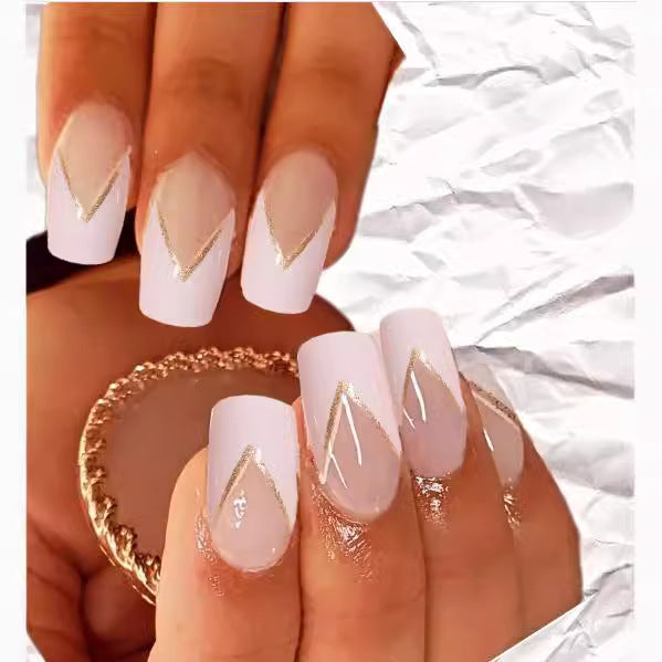 Elegant Dreamy White Square Long Press On Nail Set with Gold Accent Design