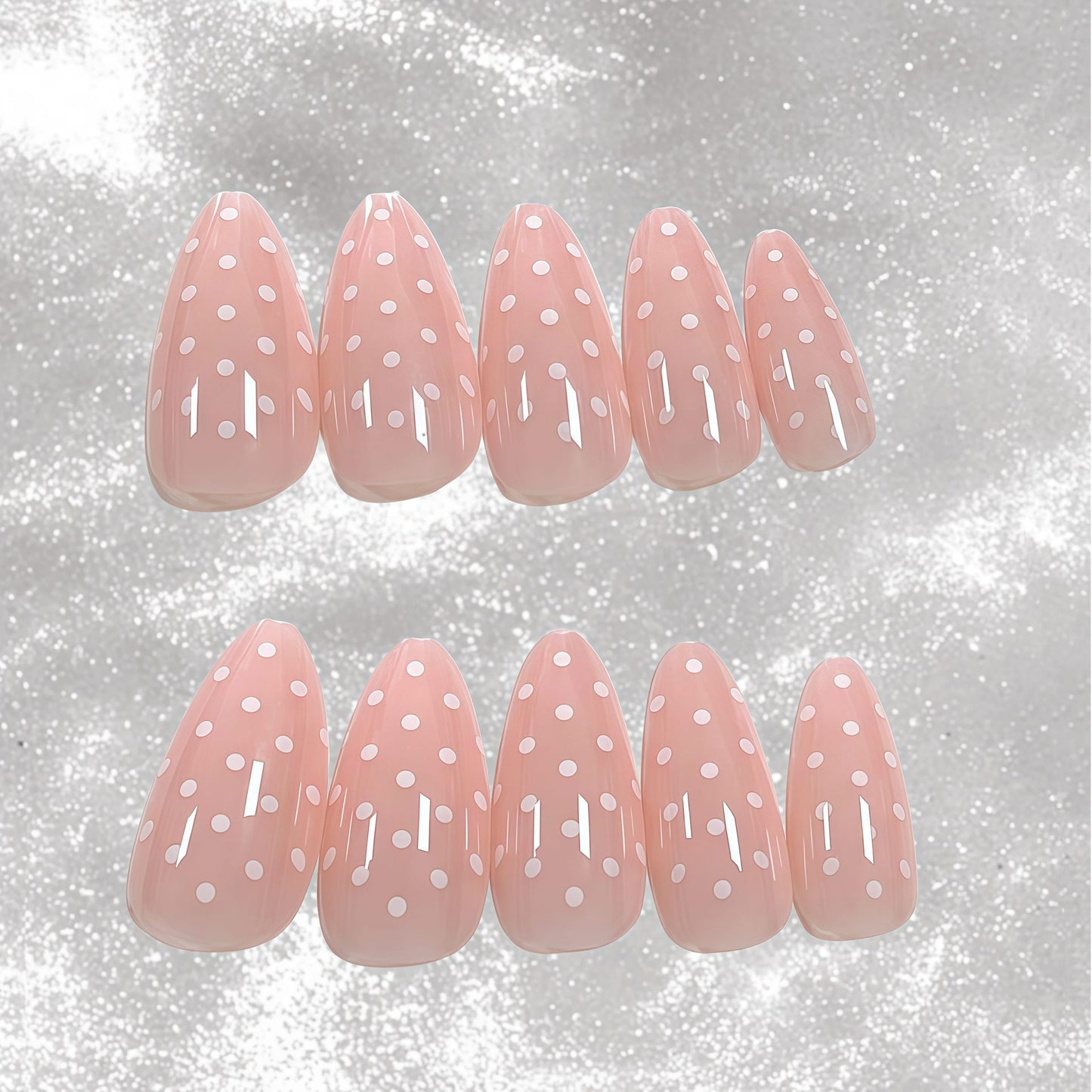 Sweet Dreamy Elegance Medium Almond Pink Polka Dot Press On Nail Set with Glossy Finish