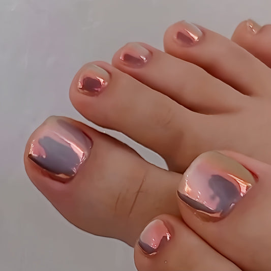 Glamorous Metallic Short Square Pink and Gray Press On Toenail Set with Shimmering Finish