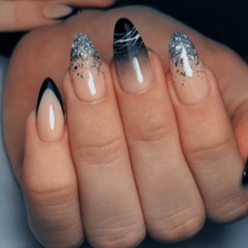 Enchanted Night Medium Almond Black and Silver Ombré Glitter Press-On Nail Set