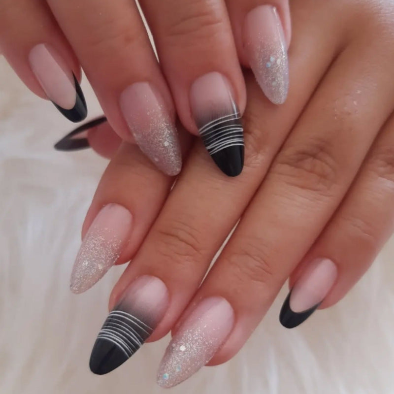 Glamorous Midnight Chic Press On Nail Set Medium Almond Ombre Pink and Black with Sparkling Glitter and Striped Accents