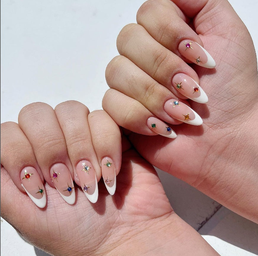 Starry Elegance Long Almond Pink and White Ombre Press On Nail Set with Sparkling Rhinestone Accents