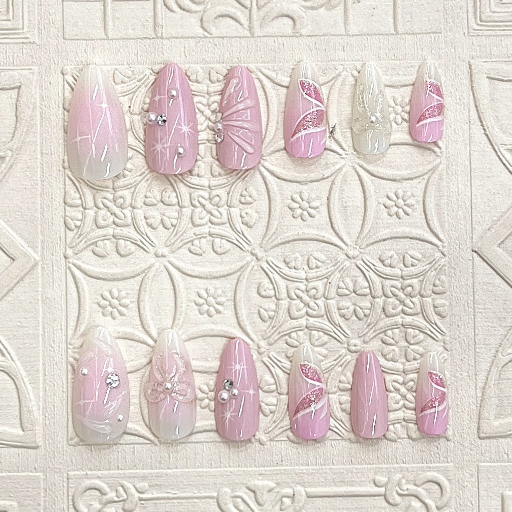 Elegant Serenity Long Almond Pink Ombré with Sparkling Accents Press On Nail Set