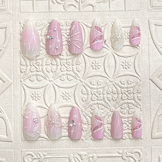 Elegant Serenity Long Almond Pink Ombré with Sparkling Accents Press On Nail Set