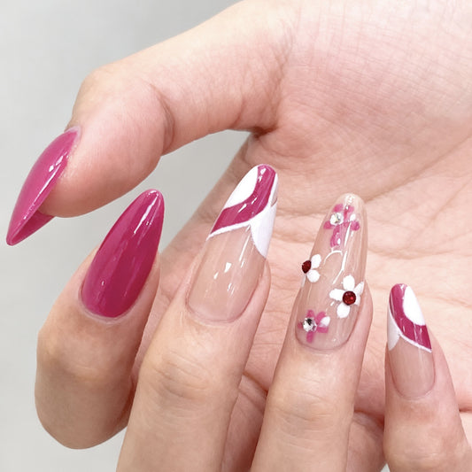 Whimsical Floral Fantasy Long Almond Pink Gradient Press On Nails with Charming Flower Accents
