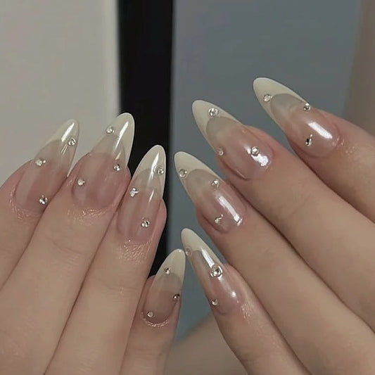 Glimmering Elegance Long Stiletto Gradient White Press On Nail Set with Rhinestone Accents