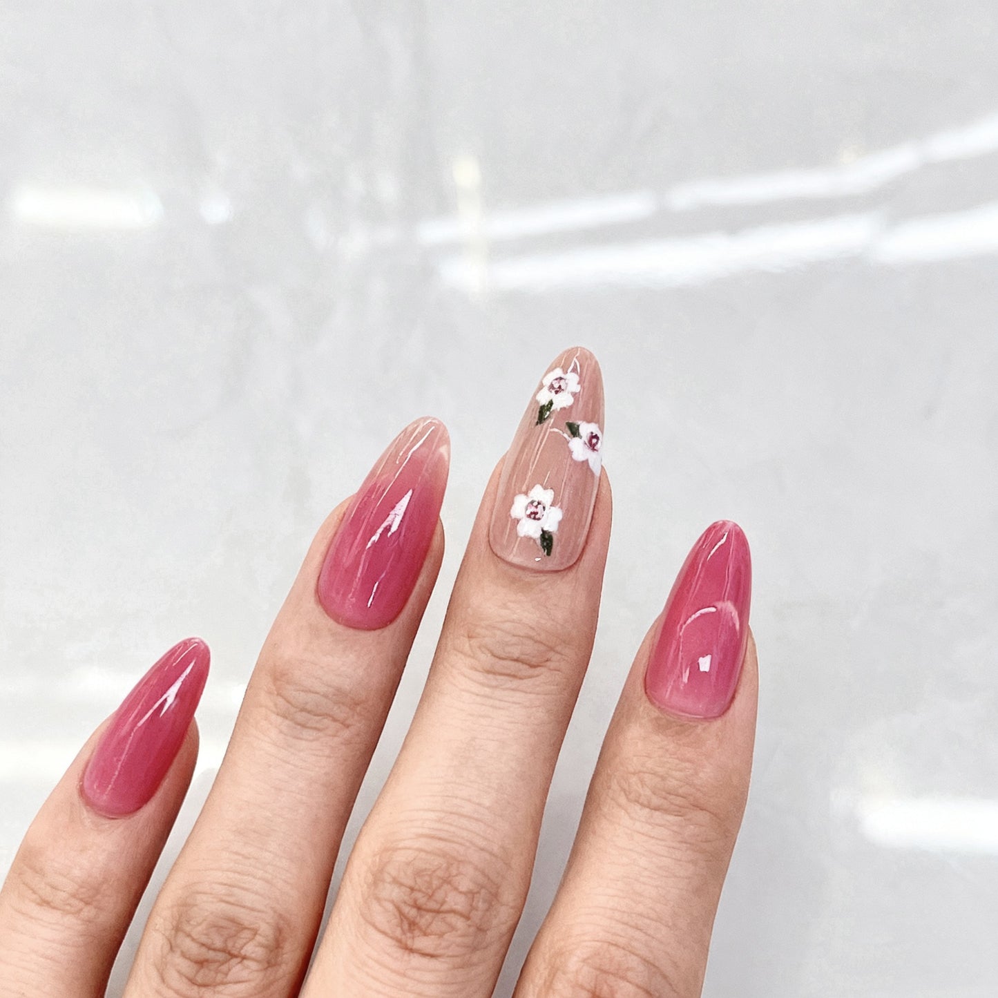 Timeless Elegance Long Stiletto Pink Press On Nail Set with Floral Accent Design