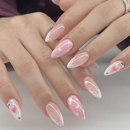 Romantic Blossom Long Almond Shaped Long Pink and White Press on Nail Set with Charming Heart Accents