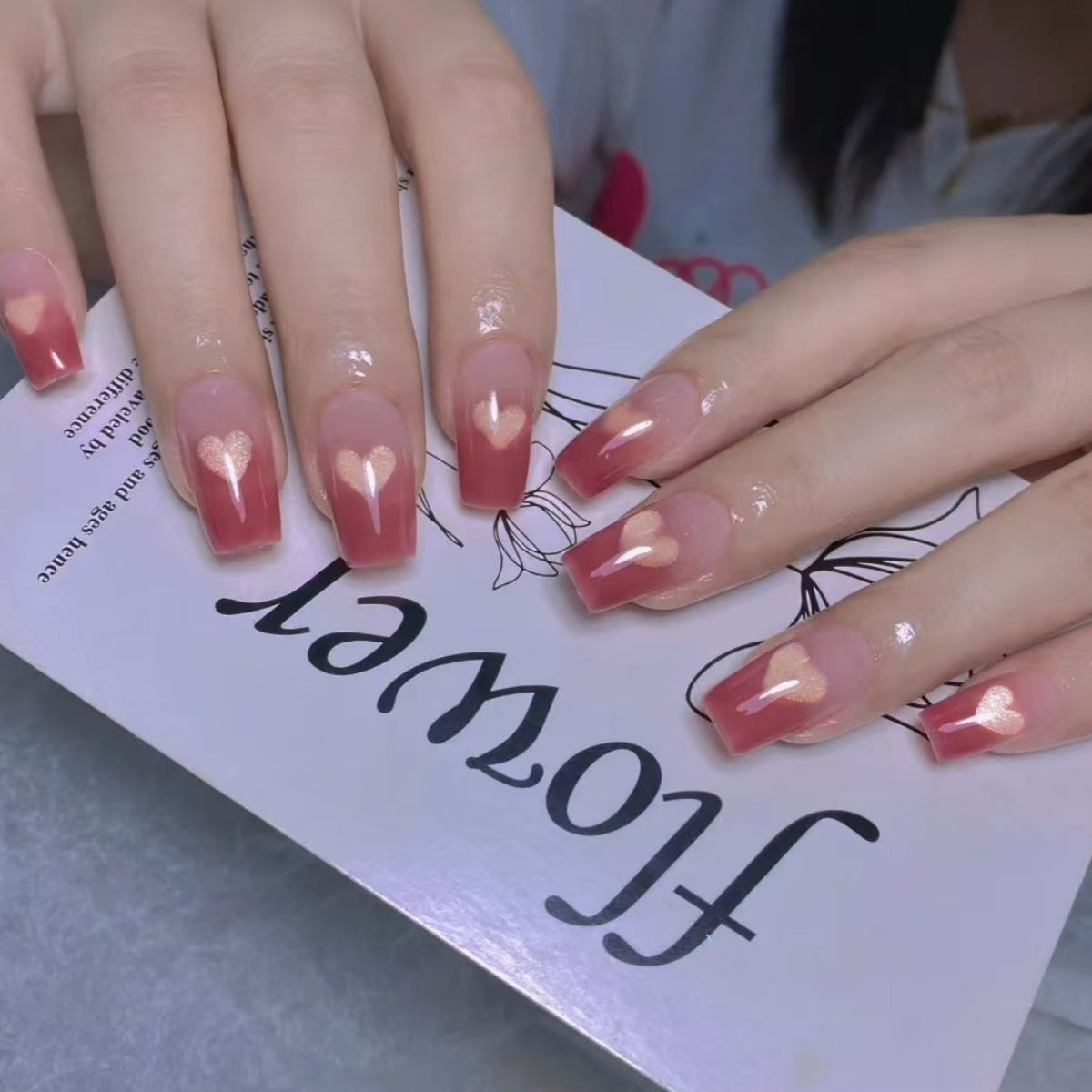 Romantic Blossom Medium Square Gradient Pink Press On Nail Set with Heart Design