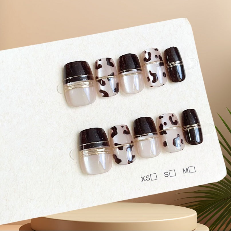 Chic Cowgirl Short Square Dark Brown and Clear Press-On Nail Set with Elegant Gold Accent