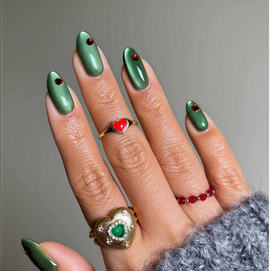 Enchanting Elegance Long Almond Green With Shiny Red Gemstone Accent Press On Nail Set