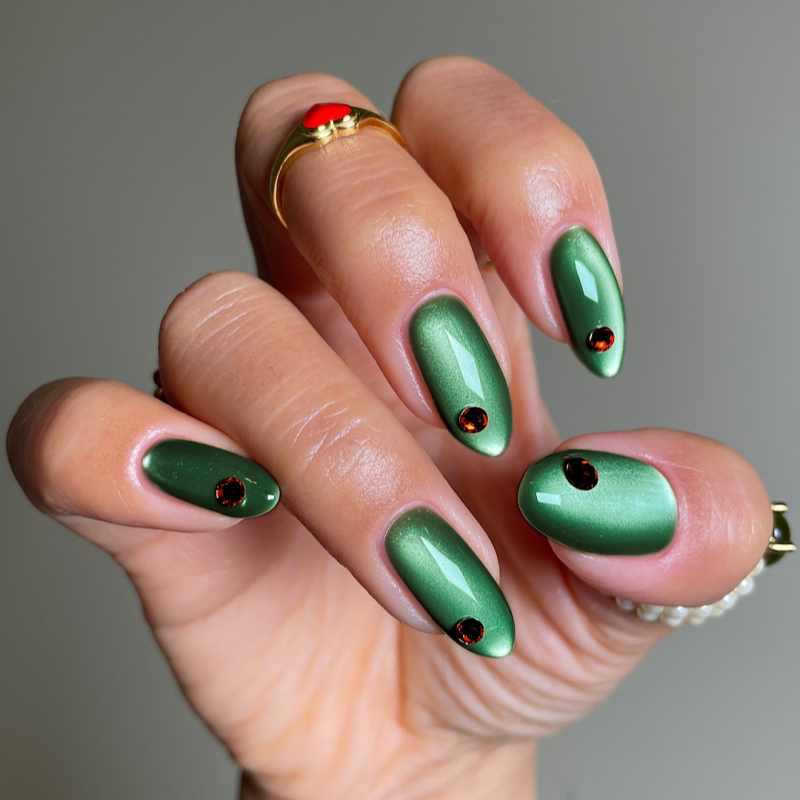 Enchanted Forest Elegant Long Almond Green Press On Nail Set with Dazzling Accent Gems