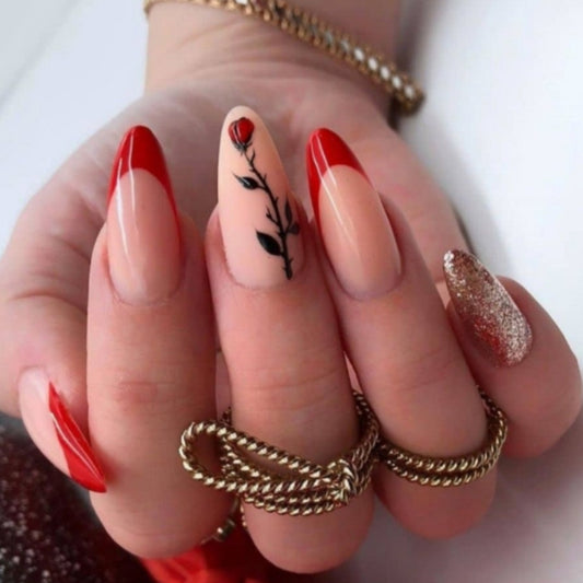 Romantic Elegance Long Almond Red and Beige with Floral Accent and Glitter Tips Press-On Nail Set