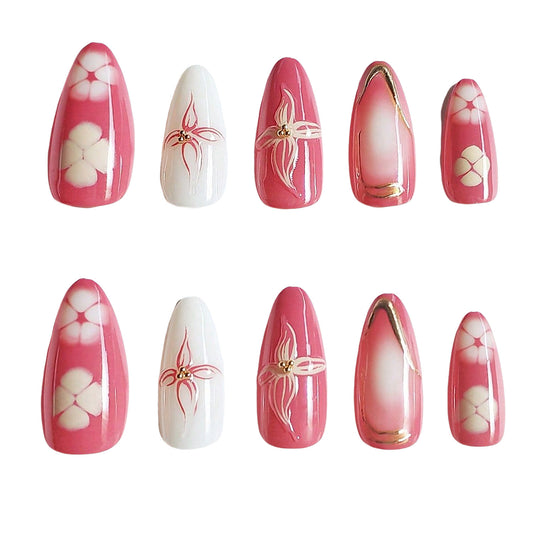 Floral Fantasy Elegant Long Almond Pink Nail Set with Artful Flower Design and Gold Accents