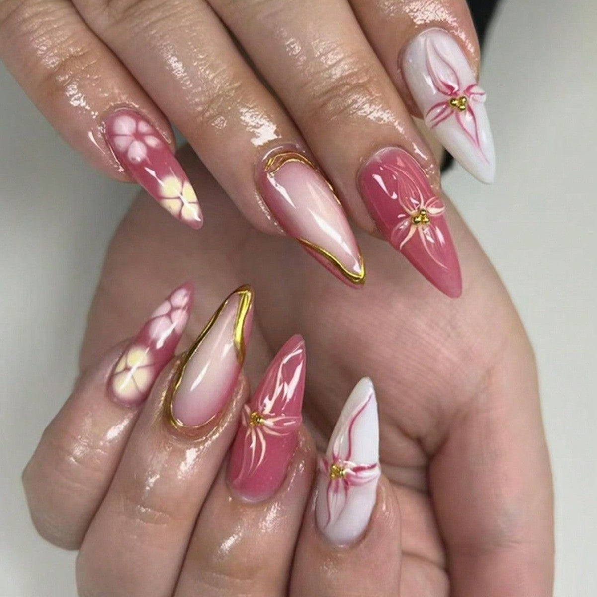 Blooming Elegance Long Stiletto Pink Floral Design with Glossy Finish