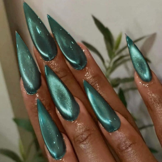 Mystical Elegance Long Stiletto Teal Metallic Press On Nail Set