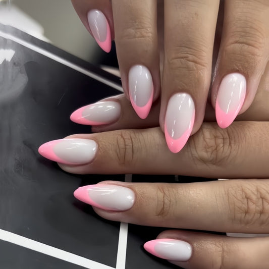 Chic Evening Glamour Medium Almond Shaped Light Pink and White Gradient Press On Nail Set